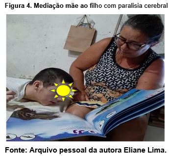 A imagem evidencia uma mãe sentada em um banco ela está usando vestido estampando preto com branco e rosas laranjas, a mesma está segurando um livro gigante e mostrando as letras e imagens ao seu filho com paralisia cerebral que está deitado observando as imagens.