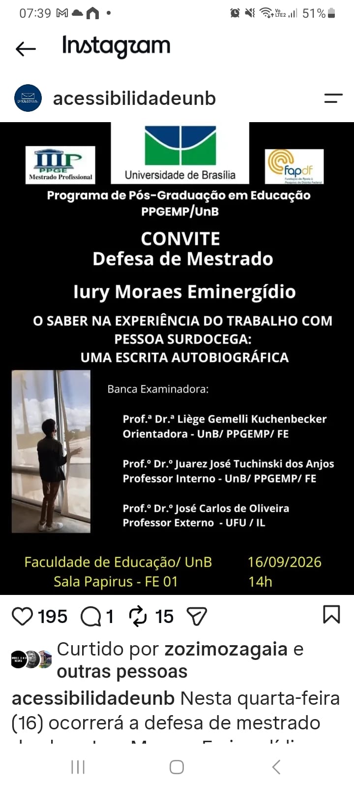 Iury Moraes — primeiro surdocego a defender mestrado na Faculdade de Educação da UnB